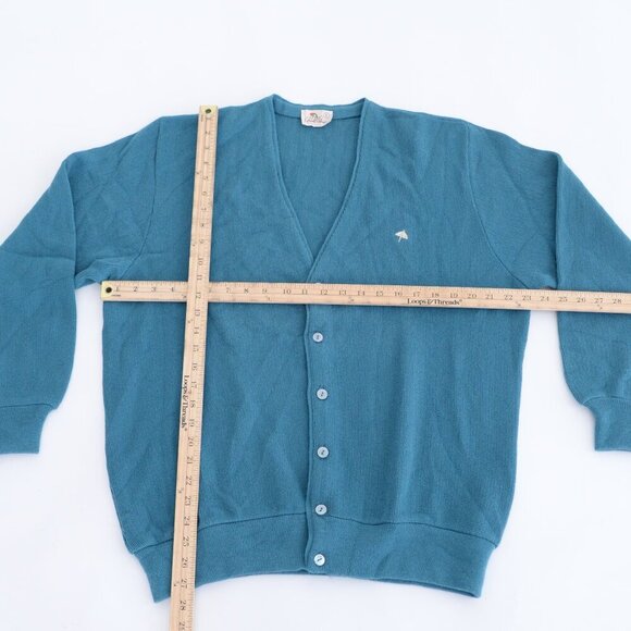Vintage '80S Arnold Palmer Teal Wool Fine Knit Button Up Cardigan Sweater Large - Picture 3 of 9